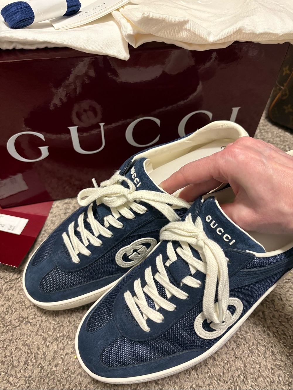 Gucci Men’s Suede Navy and White Low-Top Sneakers - Picture 3 of 8